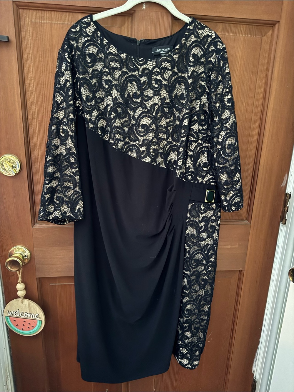 R&M Richards Black Lace-Overlay Long Sleeve Cocktail Dress